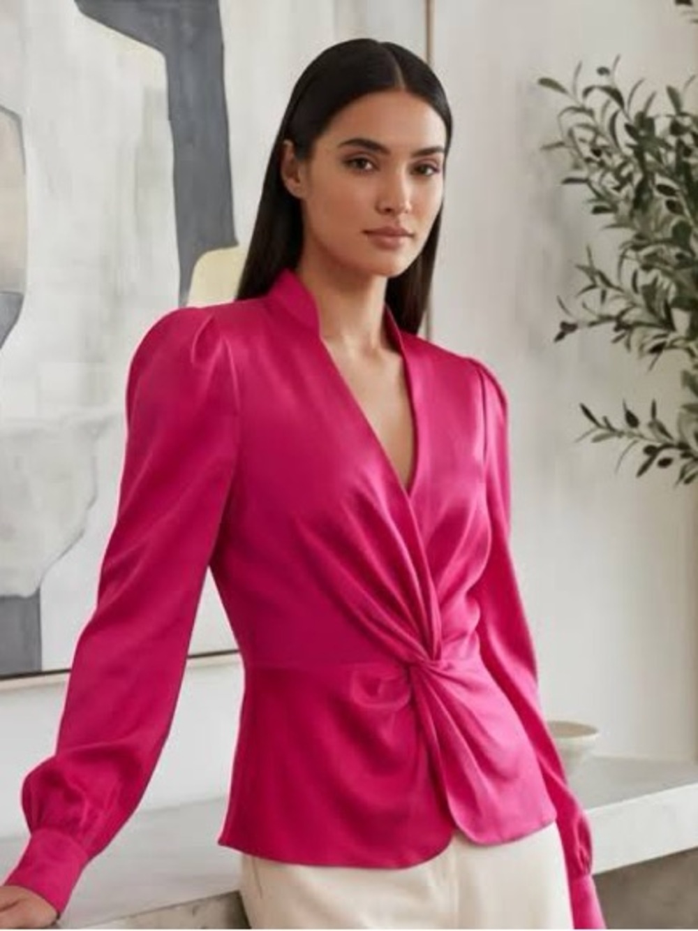 Jonathan Simkhai Fuchsia 10% Silk Twist Front Long Sleeve Blouse NWT Size 2